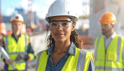 A construction team with a focused female worker in the foreground, wearing safety glasses, a white hardhat, and a reflective vest