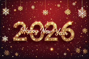 Happy New Year 2026 Images - Sparkling Gold Glitter Text with Hanging Snowflakes on Red Background - ideal for holiday greetings, New Year celebration posts, social media banners, website headers etc.