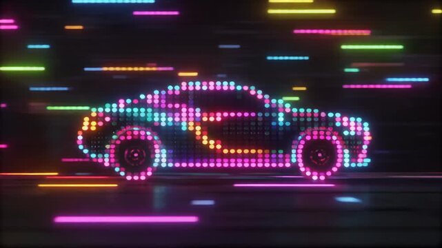 Vibrant neon pixel art sports car illustration with glowing RGB light trails, symbolizing futuristic digital technology and high-speed automotive innovation
