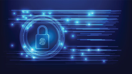 cyber security and privacy digital data protection. padlock with fingerprint symbol with futuristic element on blue background 