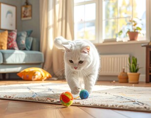 A fluffy white cat playfully approaches two colorful balls indoors