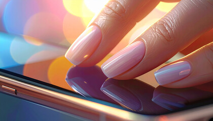 Digital Connection: A close-up view features a hand delicately interacting with the sleek screen of a tablet or smartphone, conveying the essence of modern digital interaction.