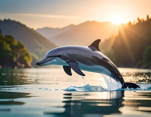 A dolphin leaps playfully in sunlit water with mountains in the background