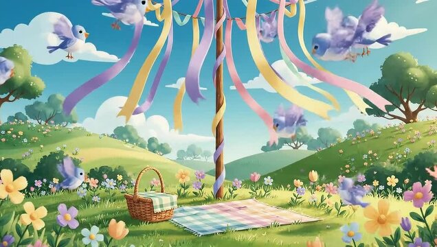 Maypole celebration in a vibrant spring landscape with butterflies and birds.