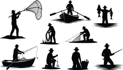 Fisherman silhouette collection, fishing with nets and rods, outdoor activity, river fishing, boat fishing, traditional fisherman vector illustration art © It's Sahed