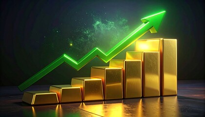 a neon green arrow going up over a stack of golden cubes