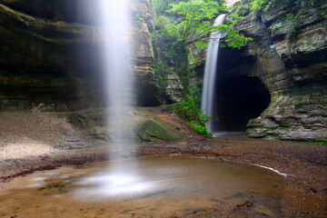 Waterfalls flow into Tonti Canyon on a spring day at Starved Rock State Park