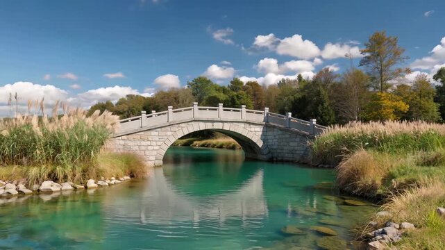 Stone bridge spans the river and natural scenery