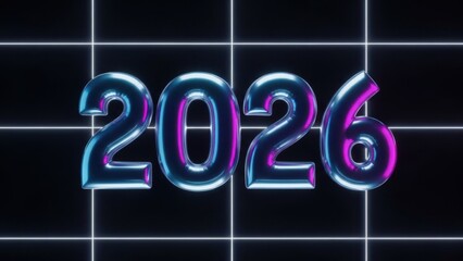 The glowing metallic numbers of 2026 shimmer against a futuristic neon grid background