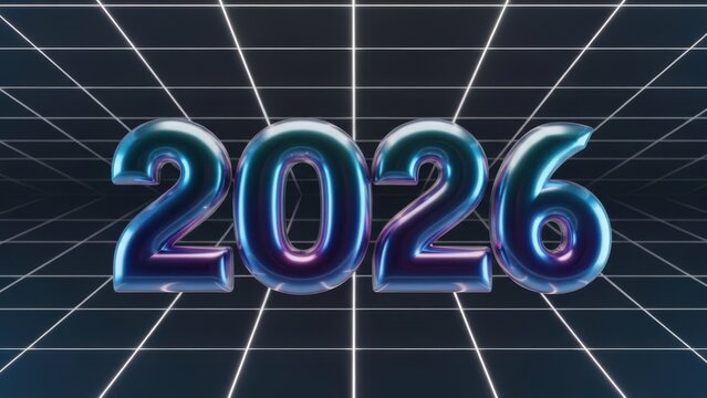 2026: a futuristic vision of the upcoming year with glowing holographic numbers and a digital grid background - Powered by Adobe