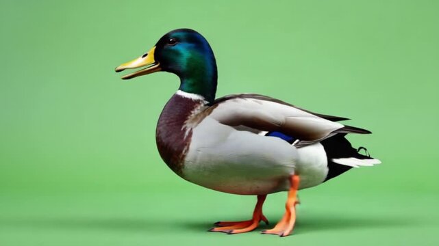 Mallard duck quacking while walking across a green screen chroma key background, side view of a calling duck