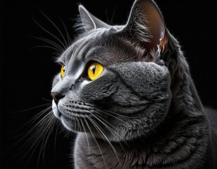 A close-up portrait of a grey cat with bright yellow eyes