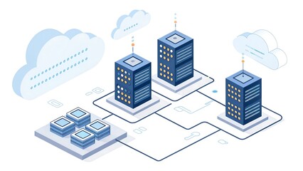 Innovative cloud computing architecture with interconnected servers and data storage units, representing secure network and digital infrastructure solutions for modern businesses in 200 characters