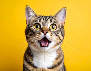 A startled, striped tabby cat with wide eyes and open mouth