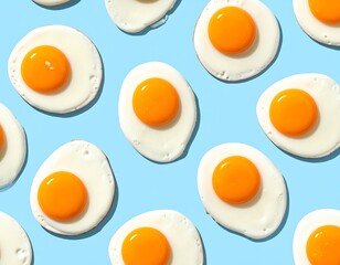 Overhead shot of sunny-side-up eggs, pattern on a light blue backdrop