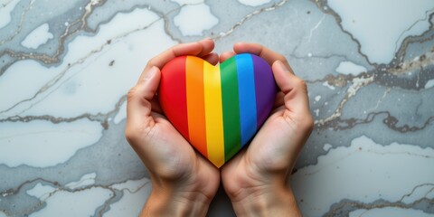 Hands holding a rainbow heart on a textured surface.