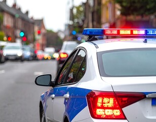 A police vehicle with flashing lights on a city street