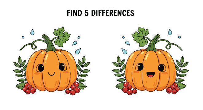 A fun "find 5 differences" educational puzzle game for children featuring two cute and happy cartoon pumpkin characters.