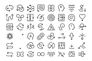 A collection of various looping arrows and shapes on a clean surface. These icons represent concepts of direction, process, and transformation