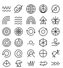 A collection of minimalist icons representing various concepts, objects, and symbols, perfect for design and illustration