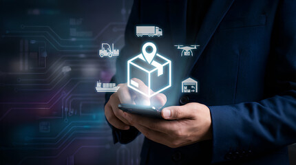 Business professional utilizing a mobile device to manage a smart global supply chain, showcasing advanced logistics and cargo tracking technology.
