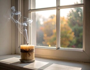 A recently extinguished candle sends wisps of smoke toward the window
