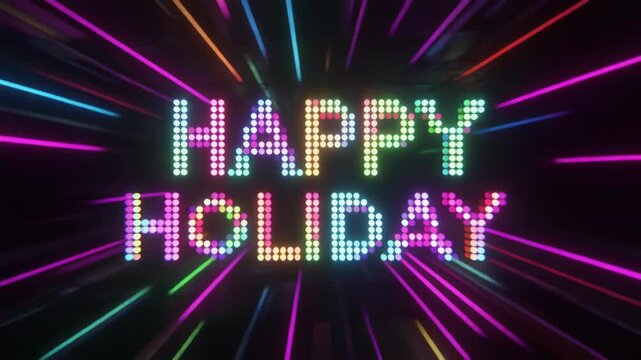 Festive Celebration Animated Pixel Lights Forming Happy Holiday Greeting with Vibrant RGB Glow Effect