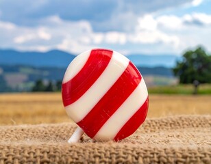 A red and white striped lollipop rests on burlap