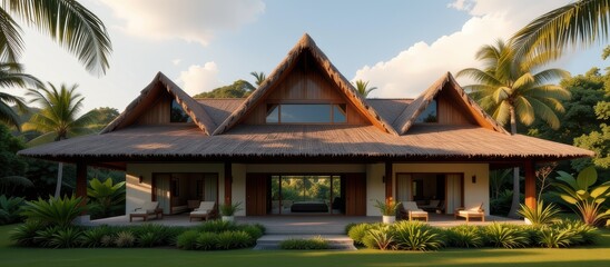 Obraz premium Tropical house with a thatched roof and palm trees in a serene setting.