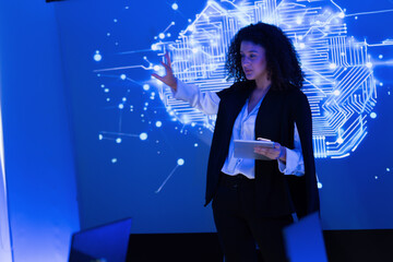 Business presentation on technology trends in a modern conference room during the evening