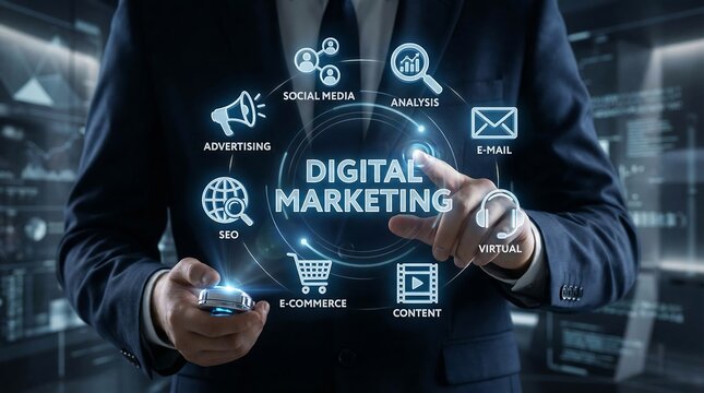 Businessman interacts with a holographic interface displaying digital marketing strategy components like SEO, content, and advertising for business growth. - Powered by Adobe