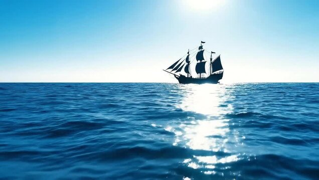 A majestic tall ship sails across the vast blue ocean, reflecting the bright sun on its surface.
