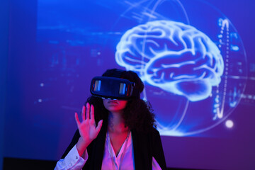 Engaging in virtual reality experience with interactive brain visualization in a modern tech environment