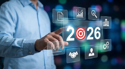 Business professional interacts with a digital interface for 2026, featuring a target icon and symbols representing strategic planning, future goals, and organizational objectives.