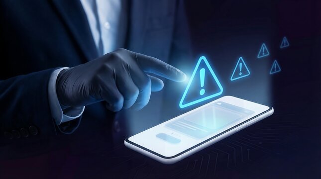 Close-up of a professional's hand interacting with a mobile phone featuring multiple alert icons, highlighting cybersecurity and data vulnerability. - Powered by Adobe