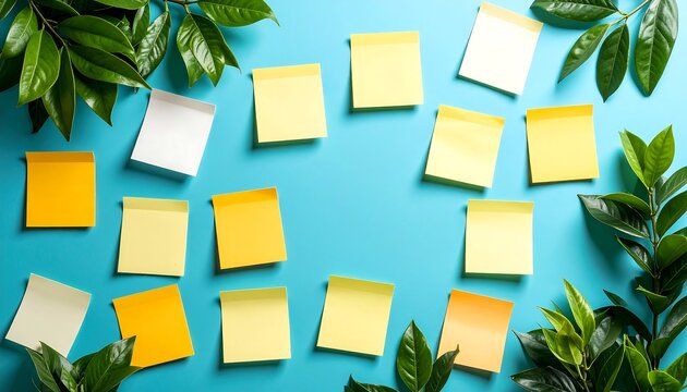 A vibrant, top-down shot of several yellow and light-colored sticky notes scattered on a bright blue background with green leaves