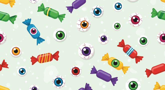 A spooky and sweet seamless Halloween pattern featuring colorful wrapped candies and creepy eyeballs on a light green background.