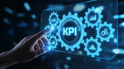 Human hand interacts with a glowing digital interface displaying KPI (Key Performance Indicator) in interconnected gears, symbolizing business analytics and strategic performance management.
