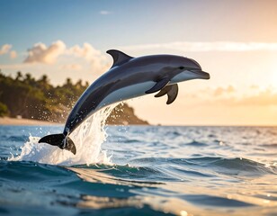 Fototapeta premium A sleek dolphin leaps from the ocean, backlit by a vibrant sunset