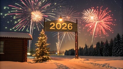 2026 new year celebration with golden glitter fireworks on dark night sky festive background