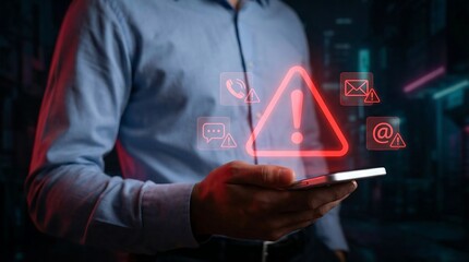 Man holding smartphone displaying glowing red digital warning symbols and icons representing communication alerts and security risks in a dark environment.