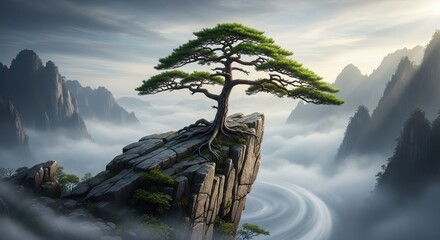 Solitary arboreal monarch thriving atop a precipitous rock formation amidst clouds