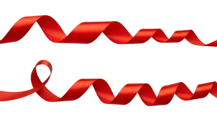 Two red ribbons with wavy lines on isolated transparent background for decoration and design