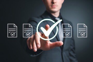 Digital checklist and approval workflow showing business document validation and task tracking system for decision making, process optimization, and quality verification with high efficiency