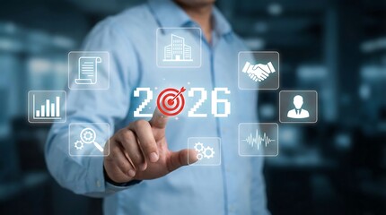 Businessman interacting with a futuristic digital interface displaying the year 2026 with integrated business icons for growth and success.