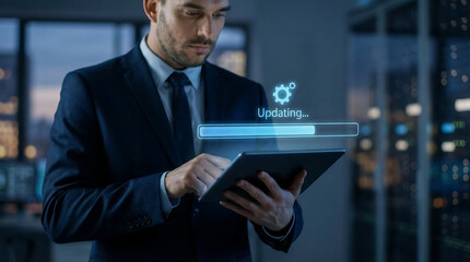 Focused businessman in a suit uses a tablet with a digital updating progress bar and gear icon overlaid in a modern office.