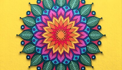 Intricate and Vibrant Mandala Design Radiating Outward with Colorful Petals and Leaves Against a Yellow Background