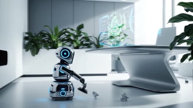 A Futuristic Robot in a Modern Office Environment with Plants and Technology.