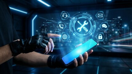Futuristic digital interface showing service icons and a wrench, accessed via a smartphone held by a gloved hand in a dark, modern environment with glowing blue lights and city background.