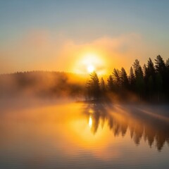 Obraz premium Serene sunrise over tranquil lake waters with misty forest in peaceful dawn atmosphere